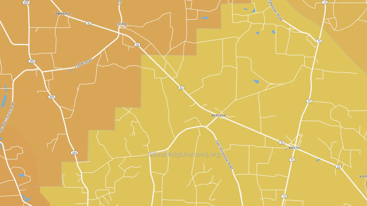 Map of the best neighborhoods in the Mershon area, with better matches in green and worse matches in red
