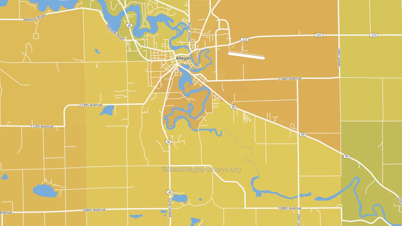 Map of the best neighborhoods in the Merson area, with better matches in green and worse matches in red