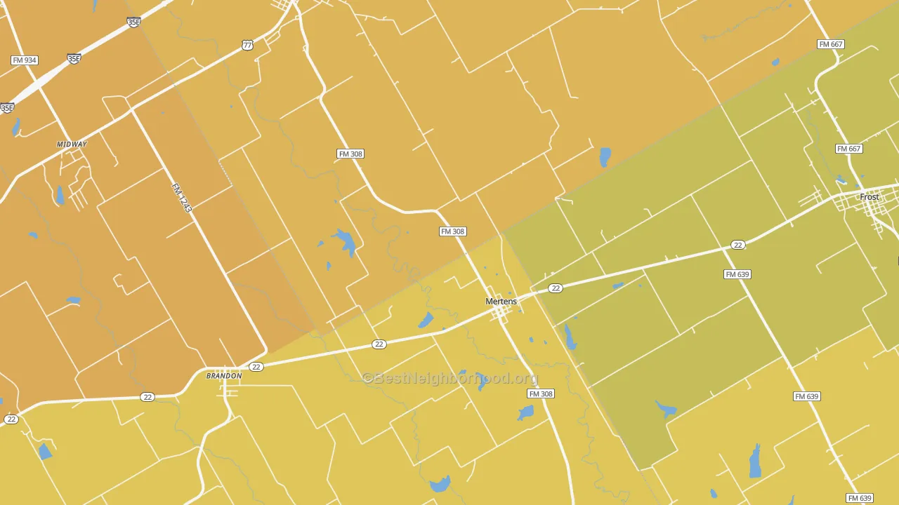 Map of the best neighborhoods in the Mertens area, with better matches in green and worse matches in red
