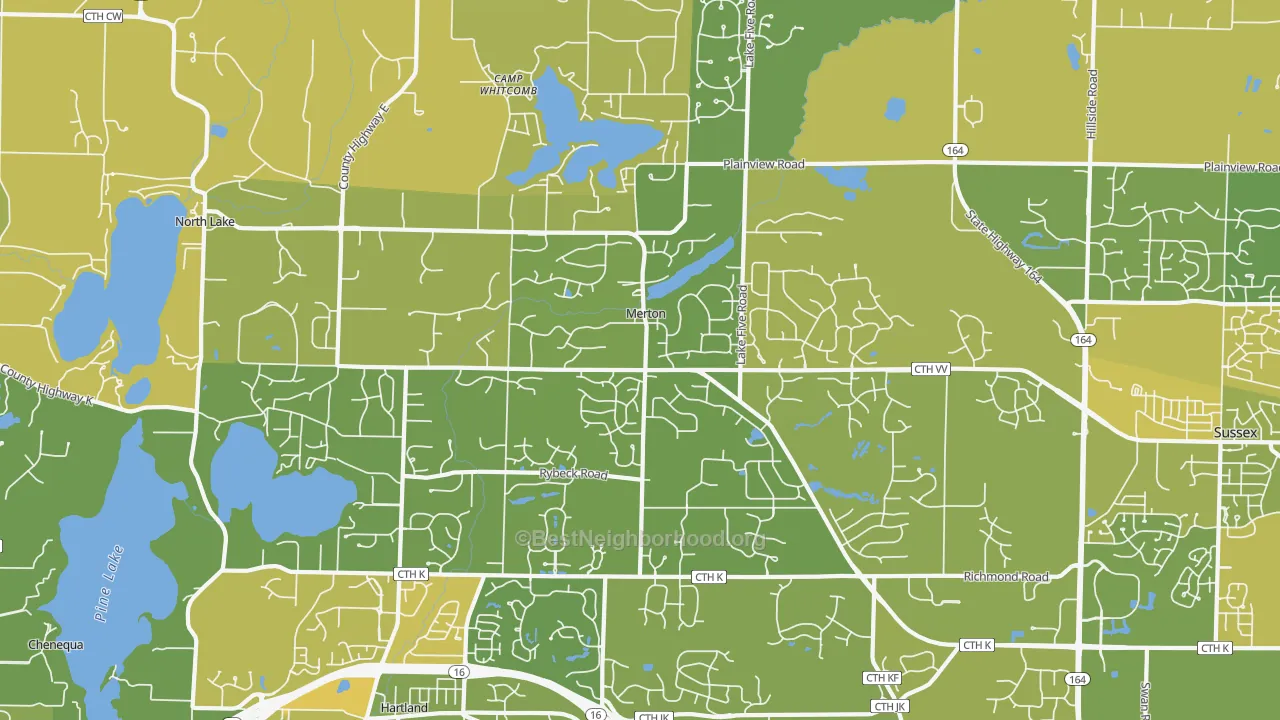Map of the best neighborhoods in the Merton area, with better matches in green and worse matches in red