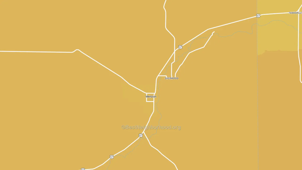 Map of the best neighborhoods in the Mertzon area, with better matches in green and worse matches in red