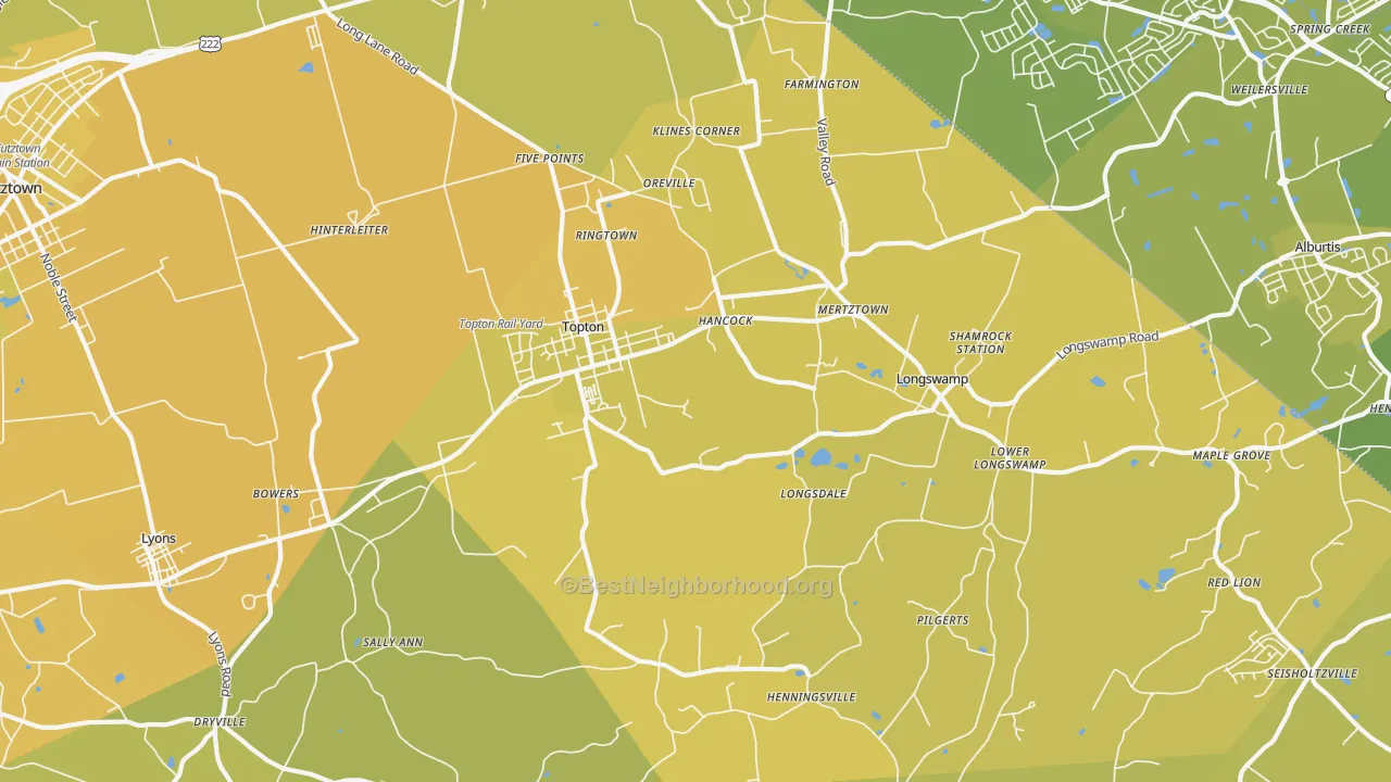 Map of the best neighborhoods in the Mertztown area, with better matches in green and worse matches in red