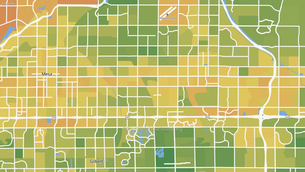 Map of the best neighborhoods in the Mesa area, with better matches in green and worse matches in red