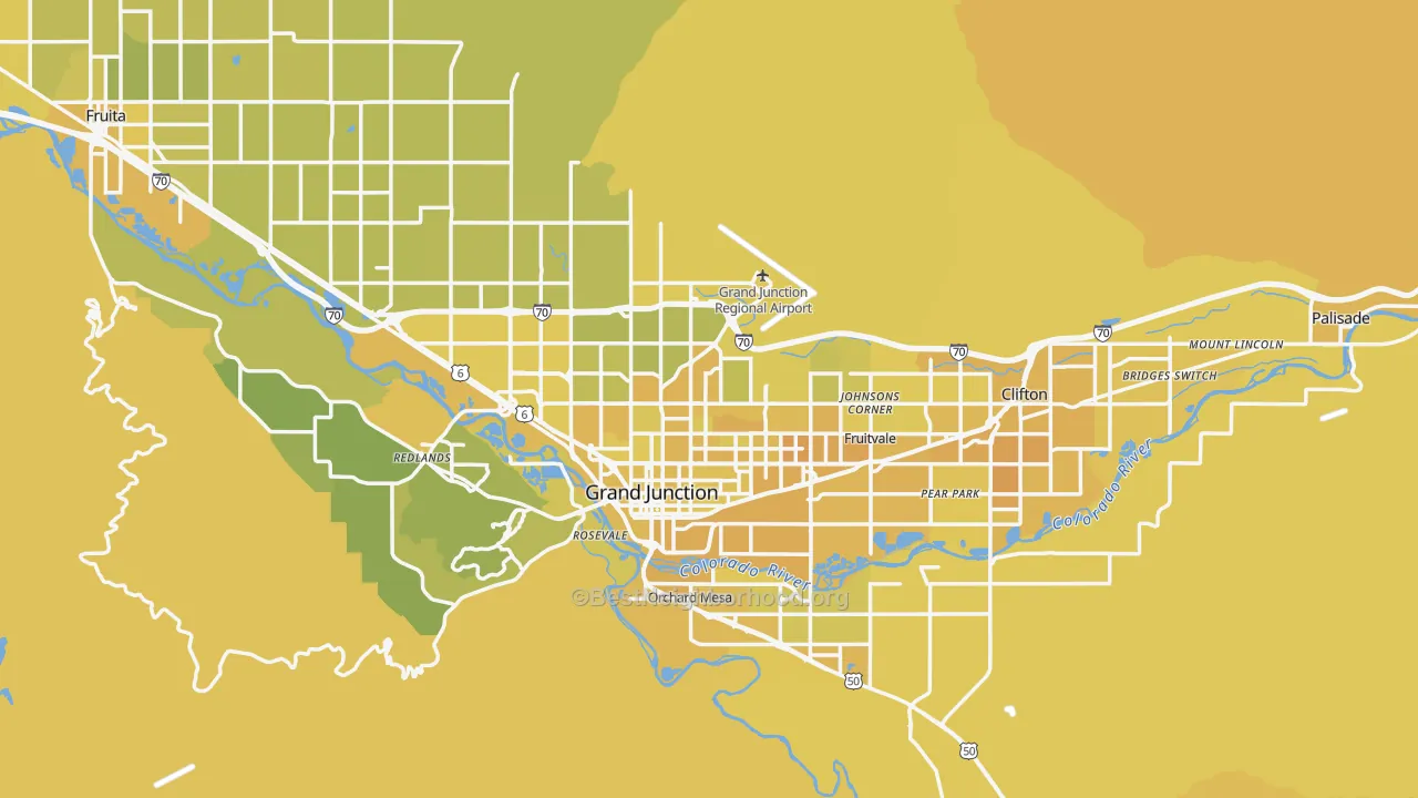 Map of the best neighborhoods in the Mesa County area, with better matches in green and worse matches in red