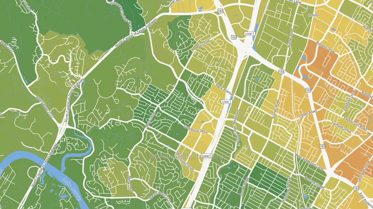 Map of the best neighborhoods in the Mesa Forest, Austin area, with better matches in green and worse matches in red
