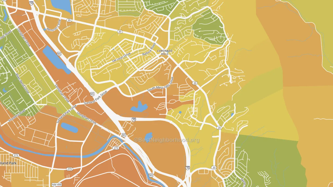 Map of the best neighborhoods in the Mesa Hills, El Paso area, with better matches in green and worse matches in red