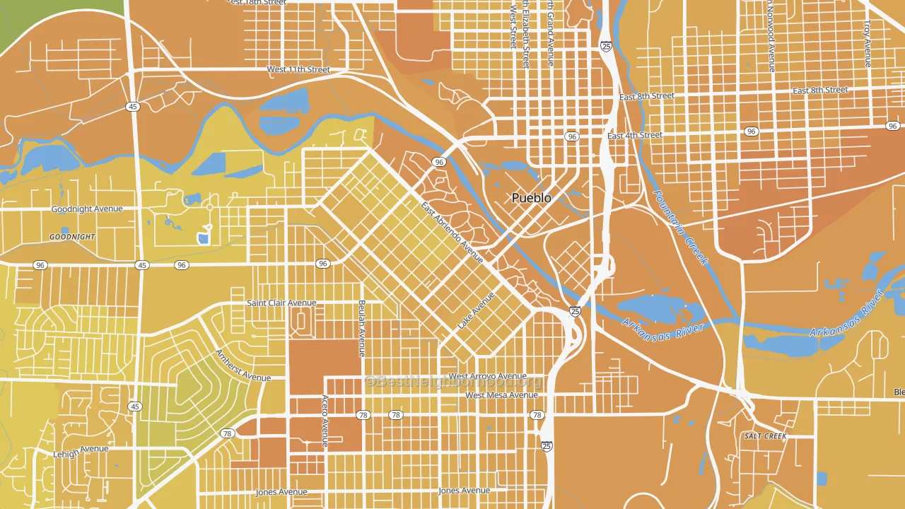 Map of the best neighborhoods in the Mesa Junction, Pueblo area, with better matches in green and worse matches in red