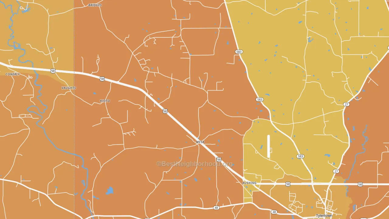 Map of the best neighborhoods in the Mesa area, with better matches in green and worse matches in red