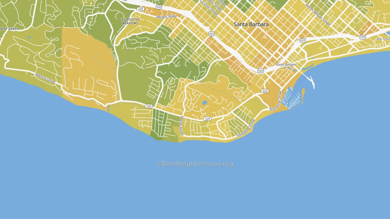 Map of the best neighborhoods in the Mesa, Santa Barbara area, with better matches in green and worse matches in red