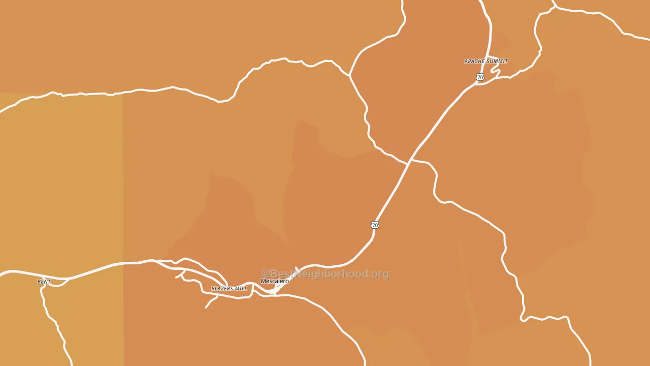 Map of the best neighborhoods in the Mescalero area, with better matches in green and worse matches in red