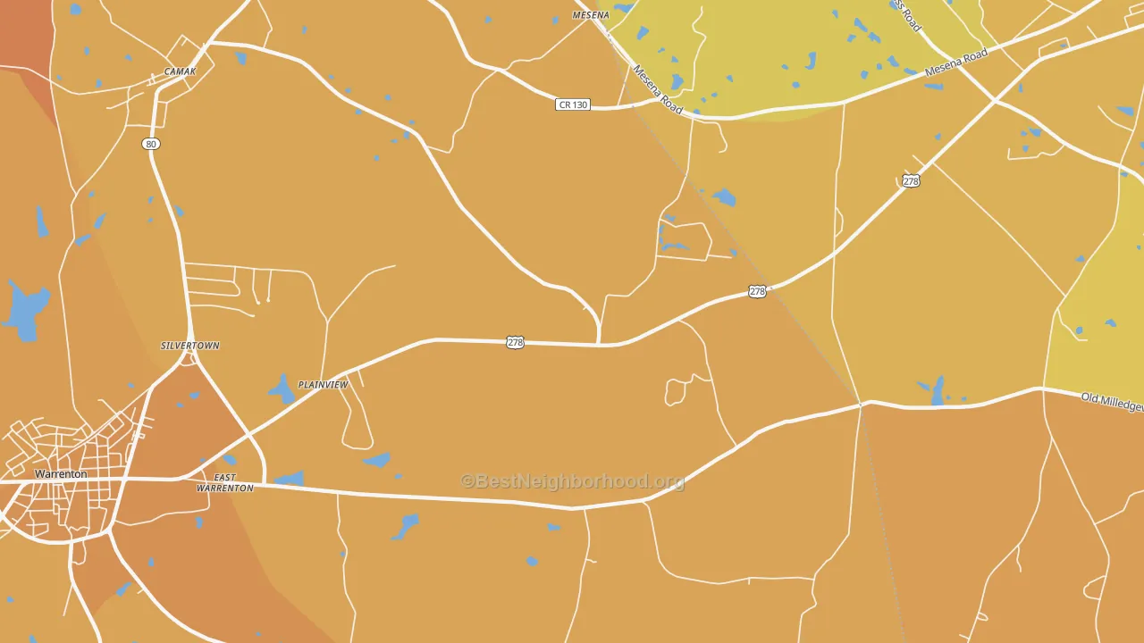 Map of the best neighborhoods in the Mesena area, with better matches in green and worse matches in red