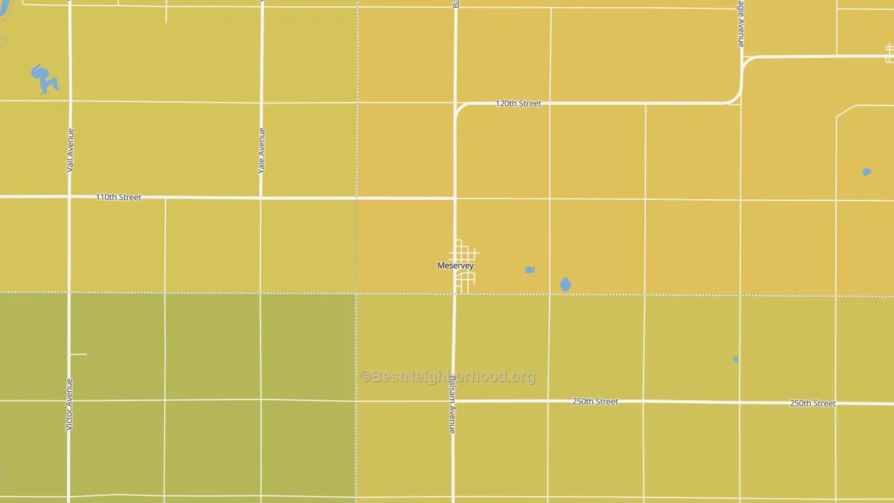 Map of the best neighborhoods in the Meservey area, with better matches in green and worse matches in red
