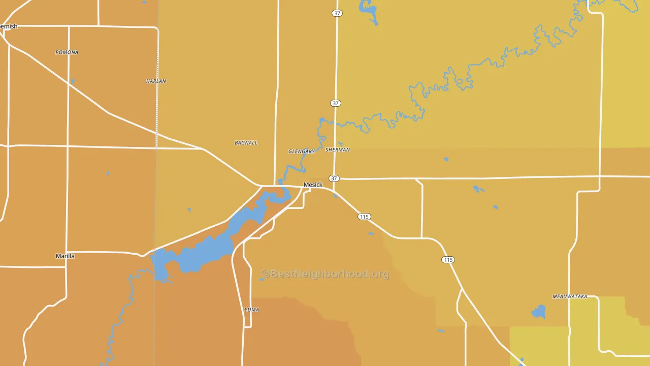 Map of the best neighborhoods in the Mesick area, with better matches in green and worse matches in red