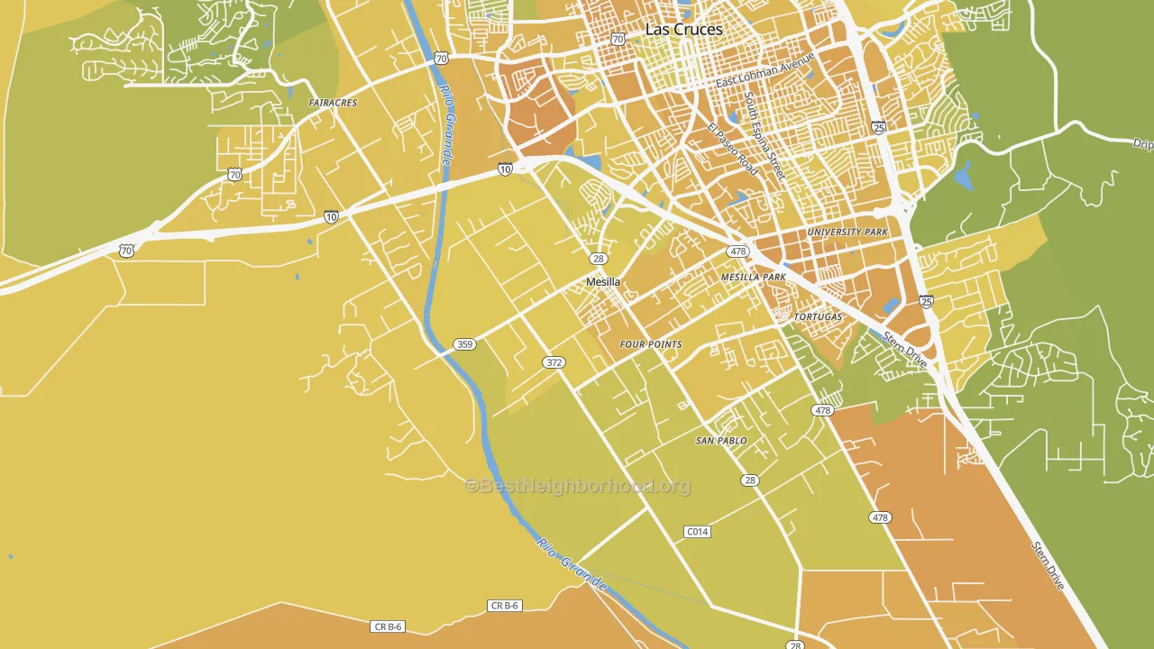 Map of the best neighborhoods in the Mesilla area, with better matches in green and worse matches in red