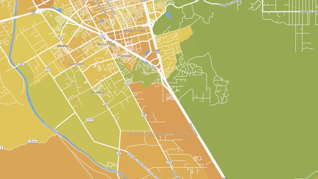 Map of the best neighborhoods in the Mesilla Park area, with better matches in green and worse matches in red