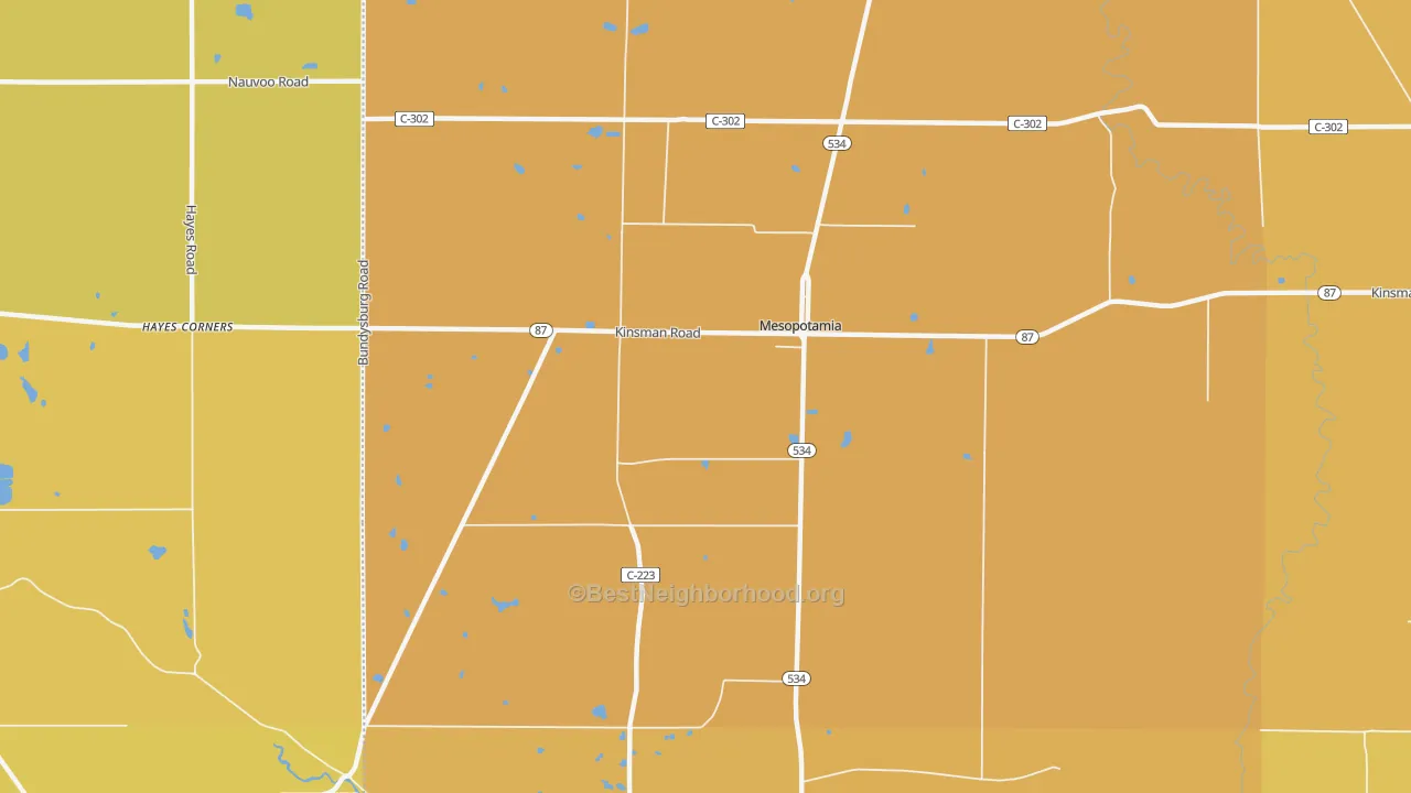 Map of the best neighborhoods in the Mesopotamia area, with better matches in green and worse matches in red