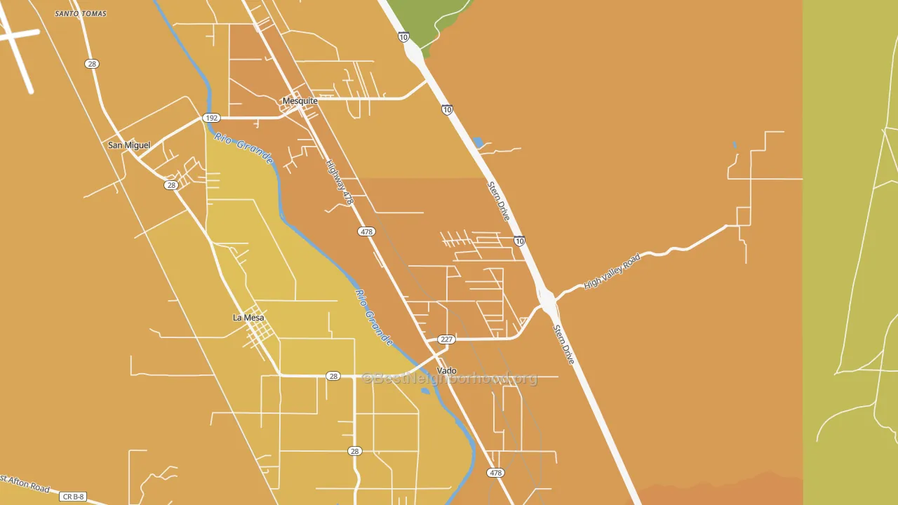 Map of the best neighborhoods in the Mesquite area, with better matches in green and worse matches in red