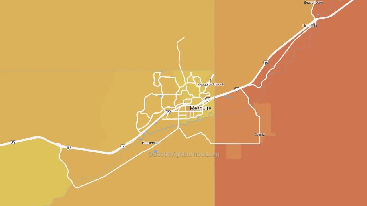 Map of the best neighborhoods in the Mesquite area, with better matches in green and worse matches in red