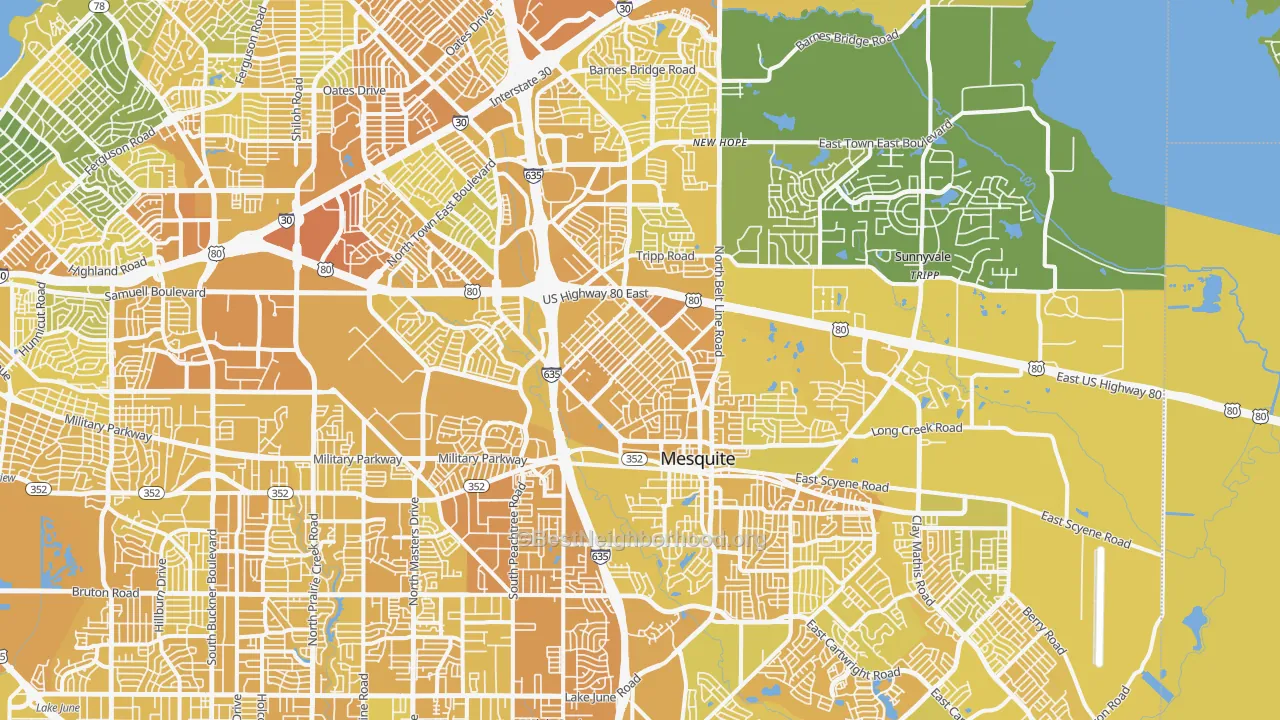 Map of the best neighborhoods in the Mesquite area, with better matches in green and worse matches in red