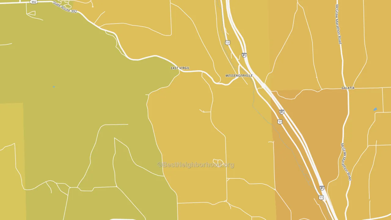 Map of the best neighborhoods in the Messengerville area, with better matches in green and worse matches in red