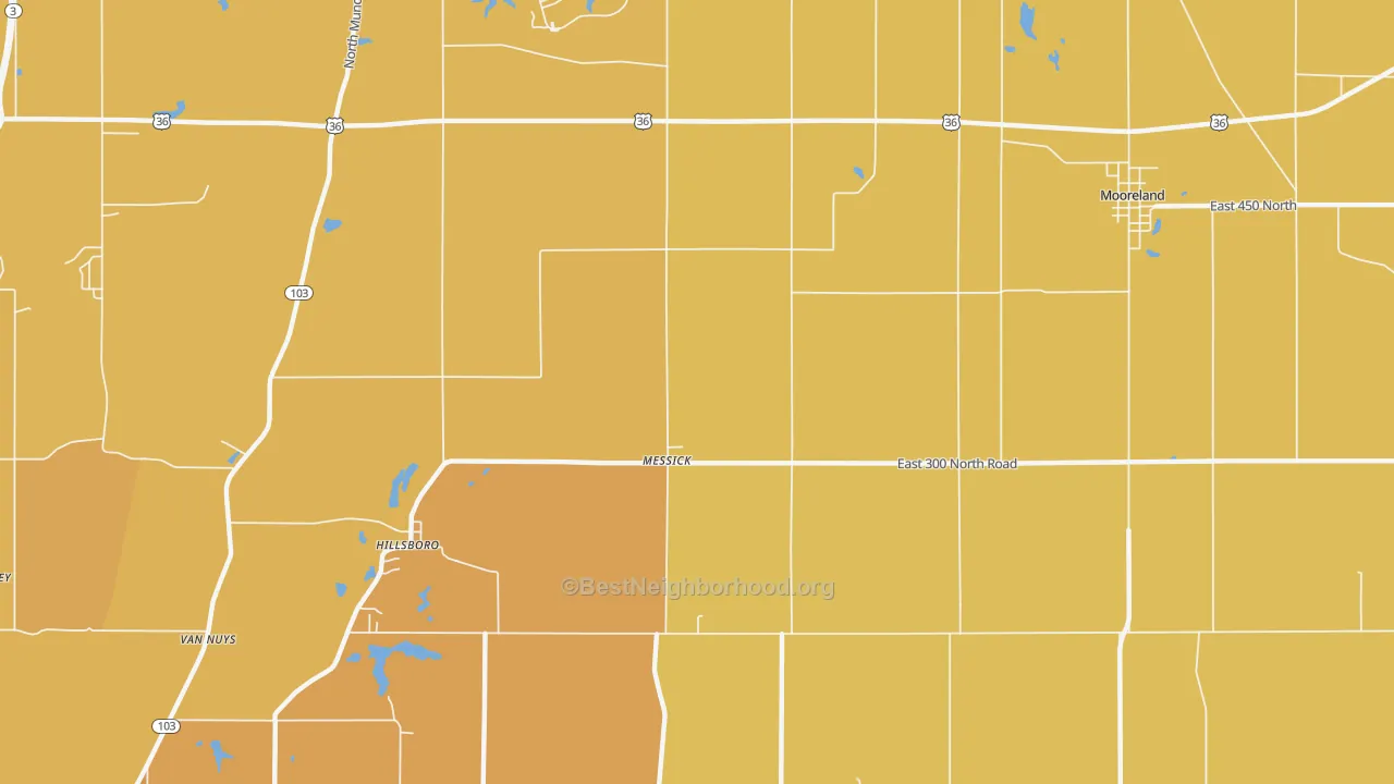 Map of the best neighborhoods in the Messick area, with better matches in green and worse matches in red