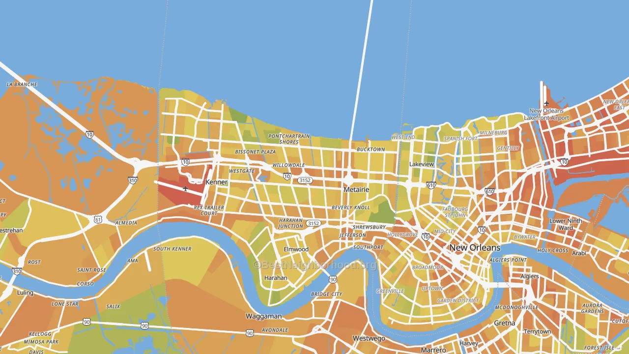 Map of the best neighborhoods in the Metairie area, with better matches in green and worse matches in red