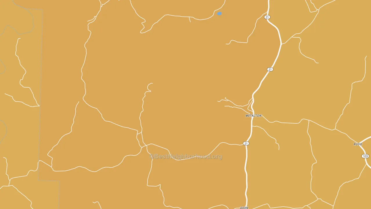 Map of the best neighborhoods in the Metalton area, with better matches in green and worse matches in red
