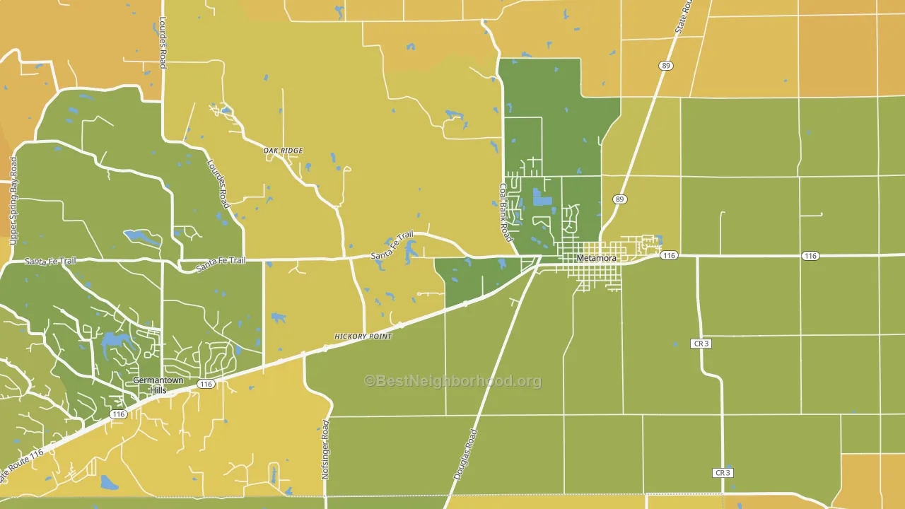 Map of the best neighborhoods in the Metamora area, with better matches in green and worse matches in red