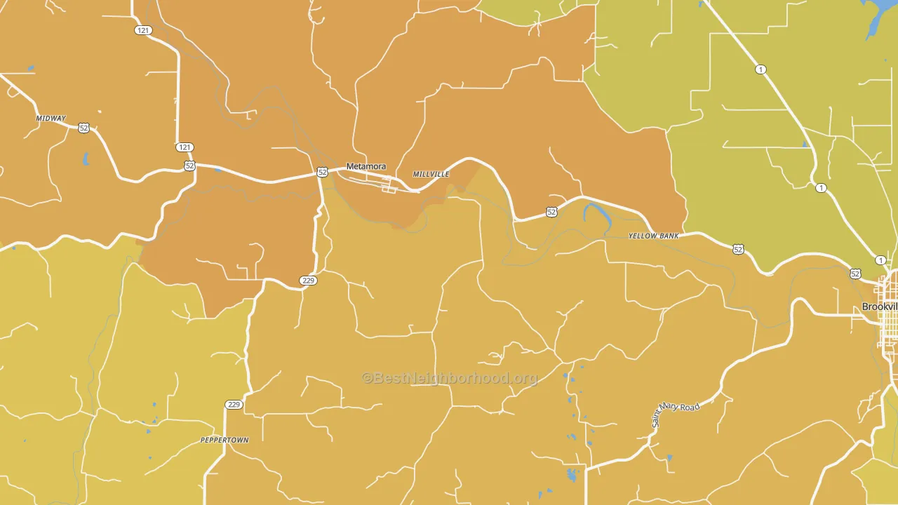 Map of the best neighborhoods in the Metamora area, with better matches in green and worse matches in red