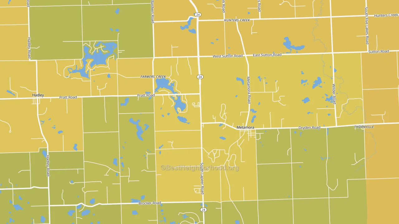 Map of the best neighborhoods in the Metamora area, with better matches in green and worse matches in red