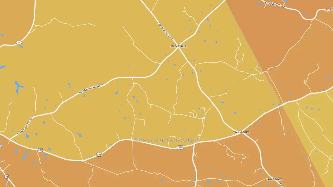 Map of the best neighborhoods in the Metasville area, with better matches in green and worse matches in red