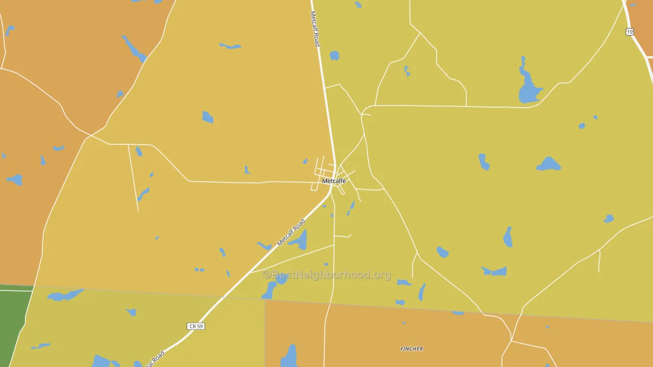 Map of the best neighborhoods in the Metcalf area, with better matches in green and worse matches in red