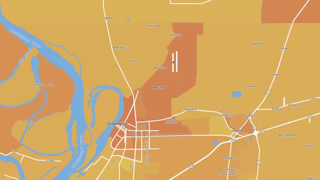 Map of the best neighborhoods in the Metcalfe area, with better matches in green and worse matches in red