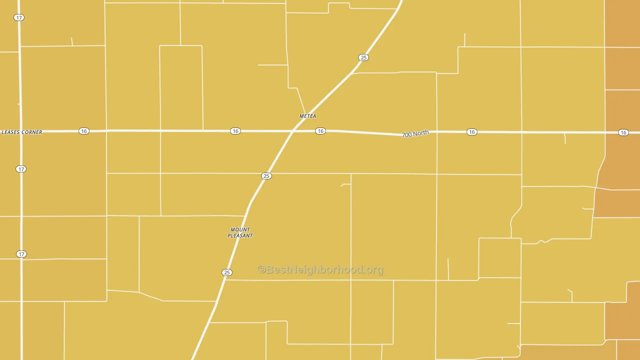 Map of the best neighborhoods in the Metea area, with better matches in green and worse matches in red