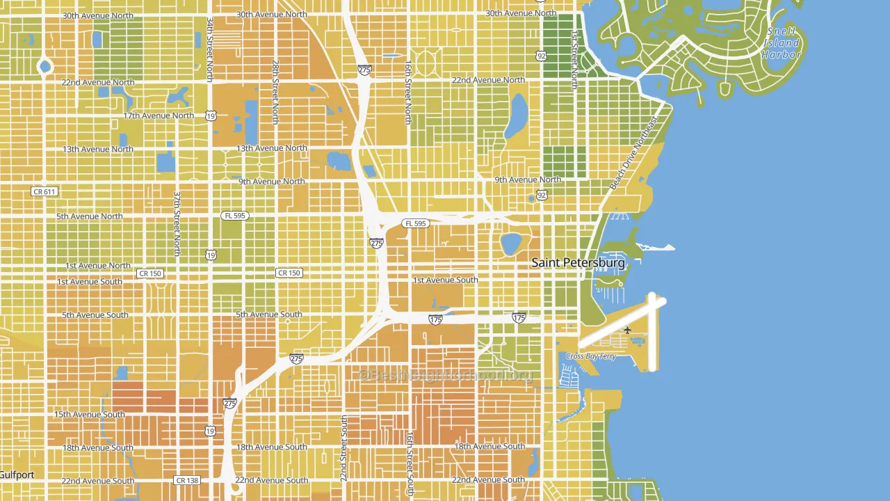 Map of the best neighborhoods in the Methodist Town, St. Petersburg area, with better matches in green and worse matches in red