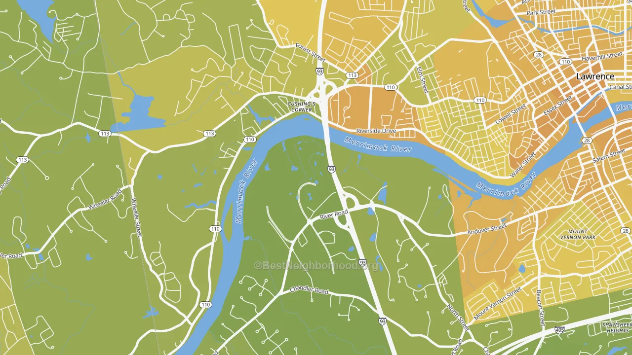 Map of the best neighborhoods in the Methuen area, with better matches in green and worse matches in red
