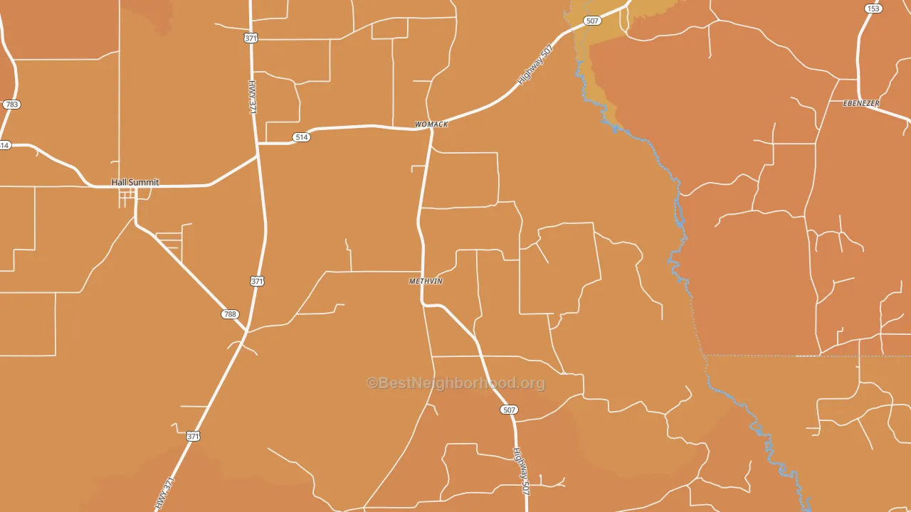 Map of the best neighborhoods in the Methvin area, with better matches in green and worse matches in red