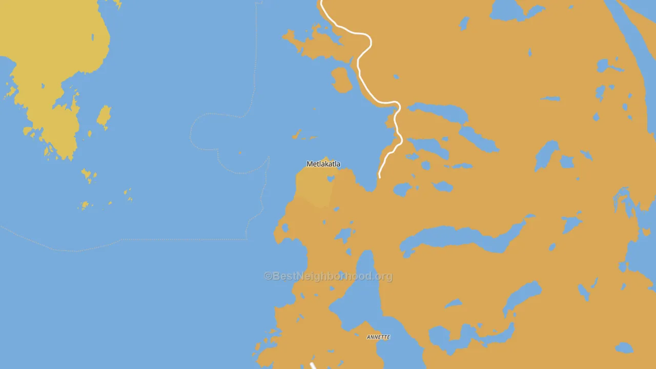 Map of the best neighborhoods in the Metlakatla area, with better matches in green and worse matches in red