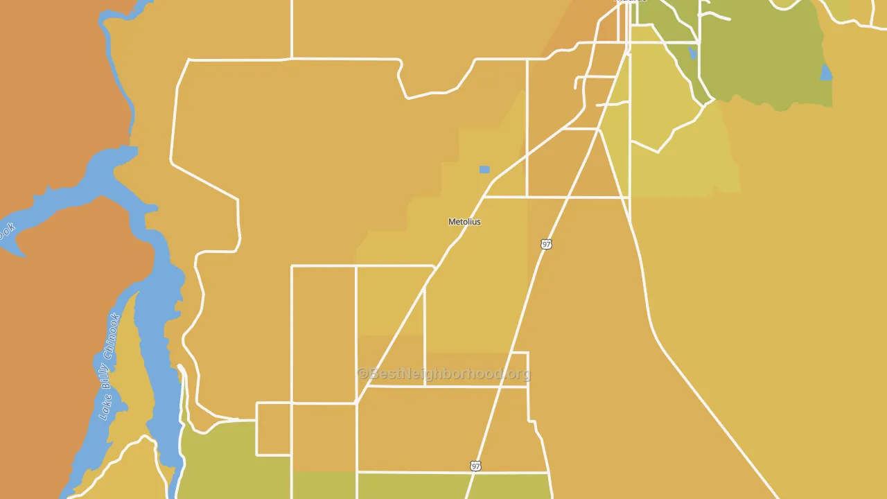 Map of the best neighborhoods in the Metolius area, with better matches in green and worse matches in red