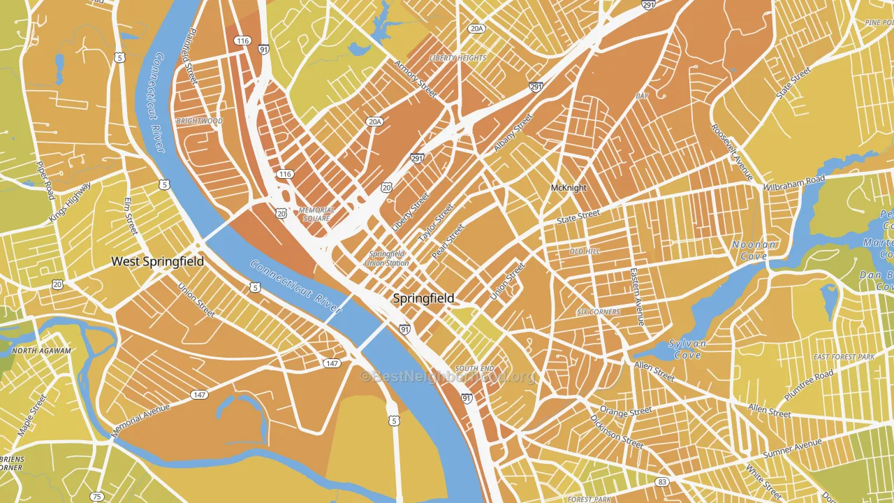 Map of the best neighborhoods in the Metro Center, Springfield area, with better matches in green and worse matches in red