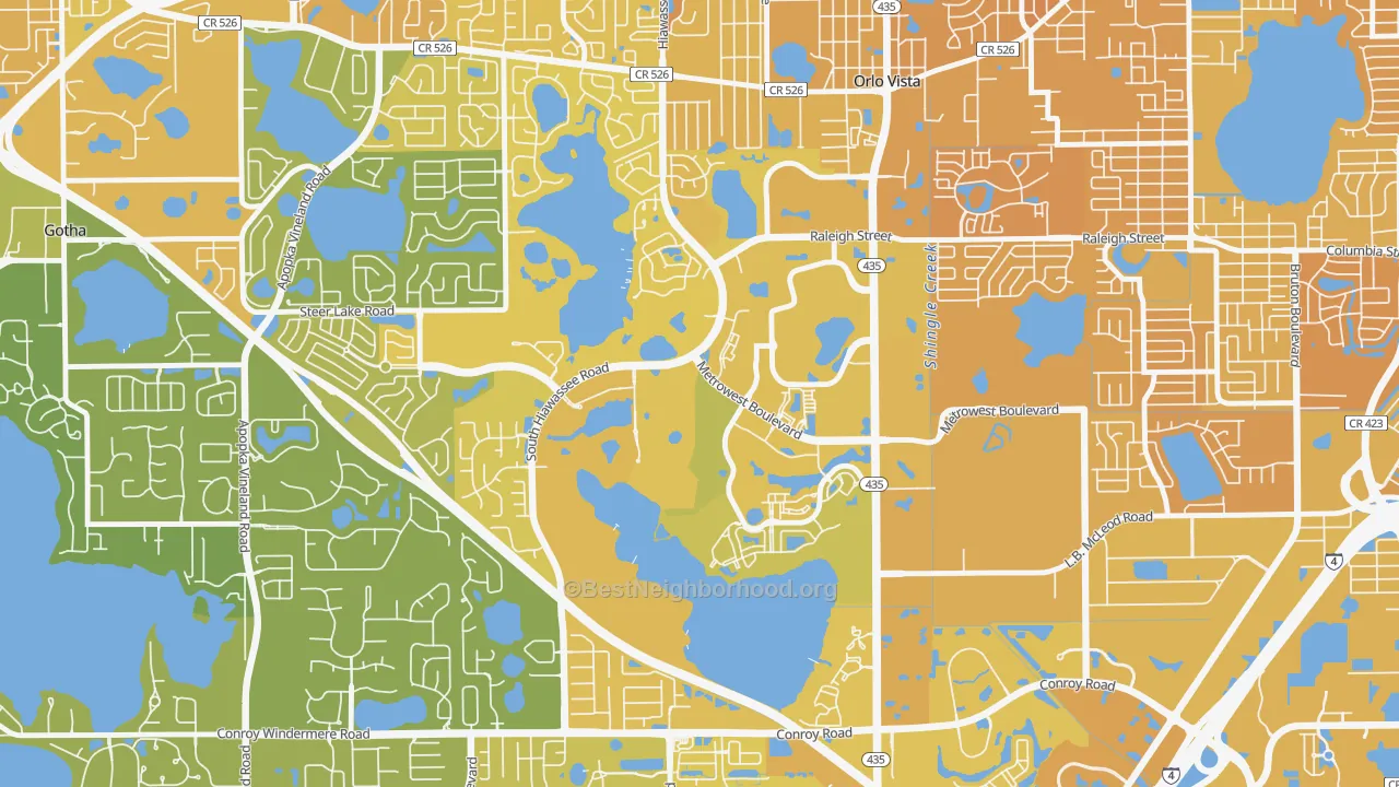 Map of the best neighborhoods in the Metro West, Orlando area, with better matches in green and worse matches in red