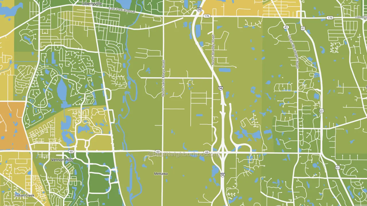 Map of the best neighborhoods in the Mettawa area, with better matches in green and worse matches in red