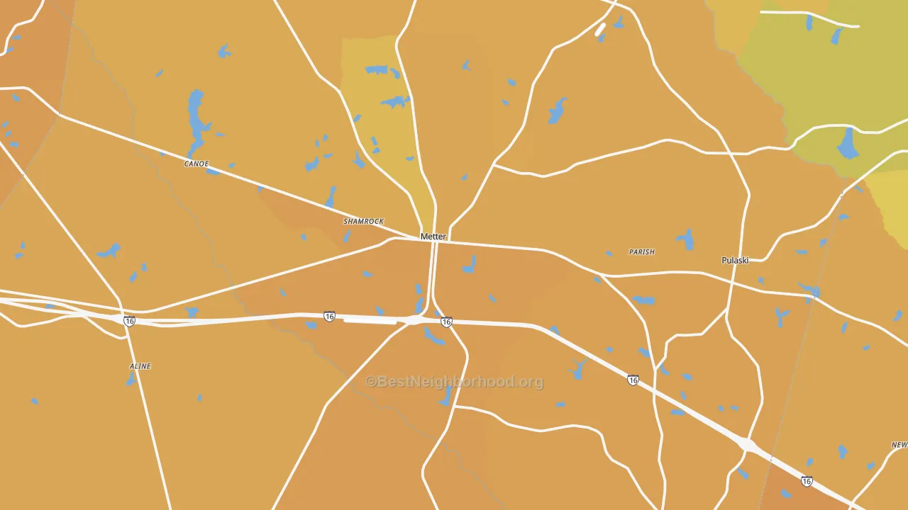 Map of the best neighborhoods in the Metter area, with better matches in green and worse matches in red