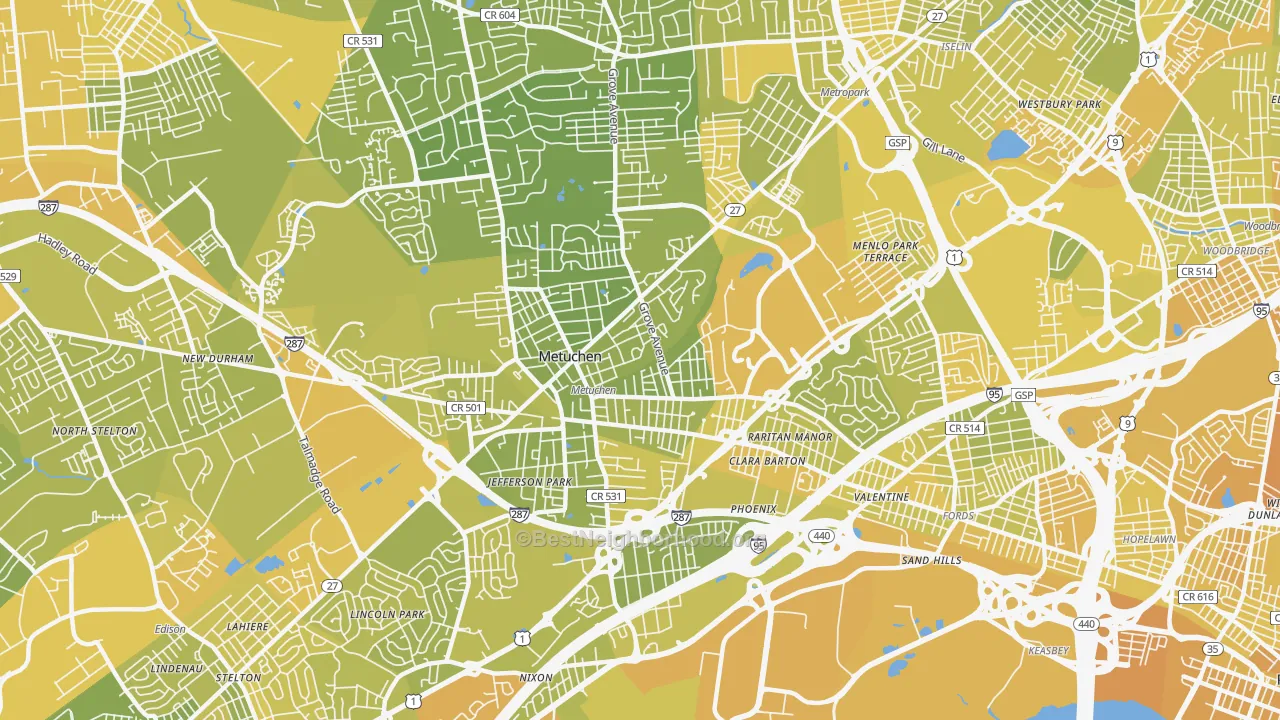 Map of the best neighborhoods in the Metuchen area, with better matches in green and worse matches in red