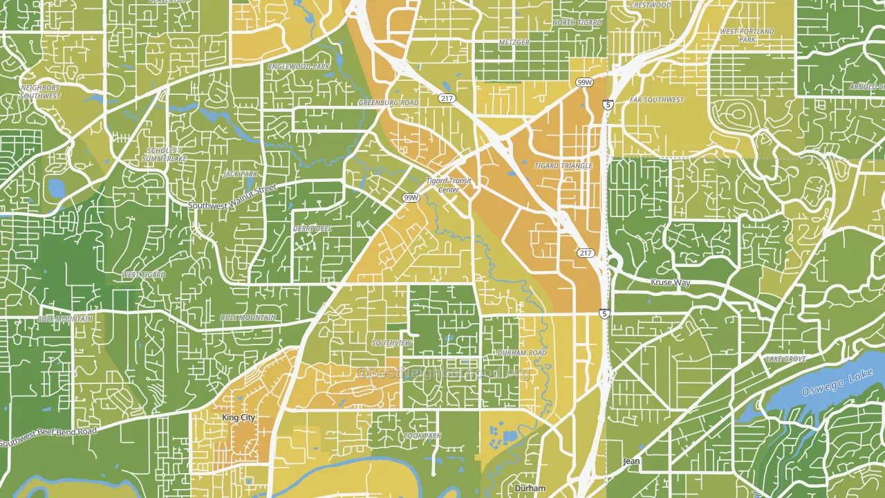 Map of the best neighborhoods in the Metzger, Tigard area, with better matches in green and worse matches in red
