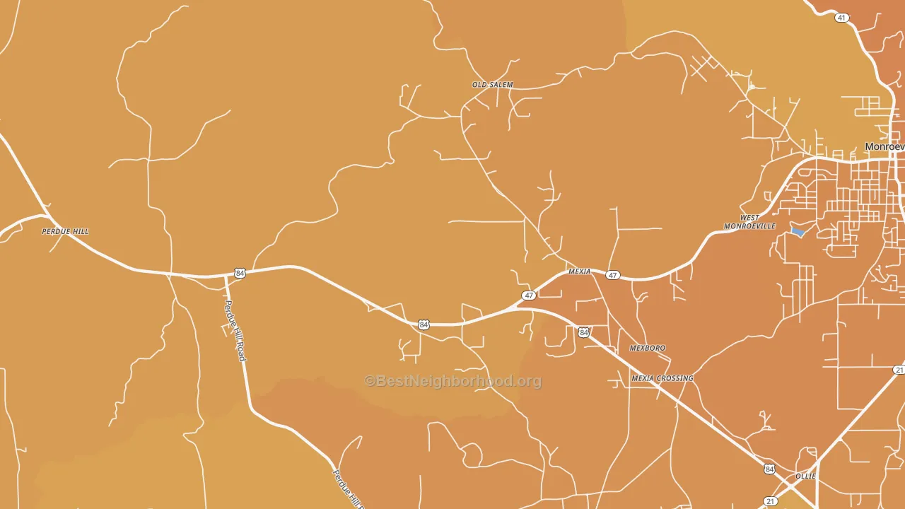 Map of the best neighborhoods in the Mexia area, with better matches in green and worse matches in red