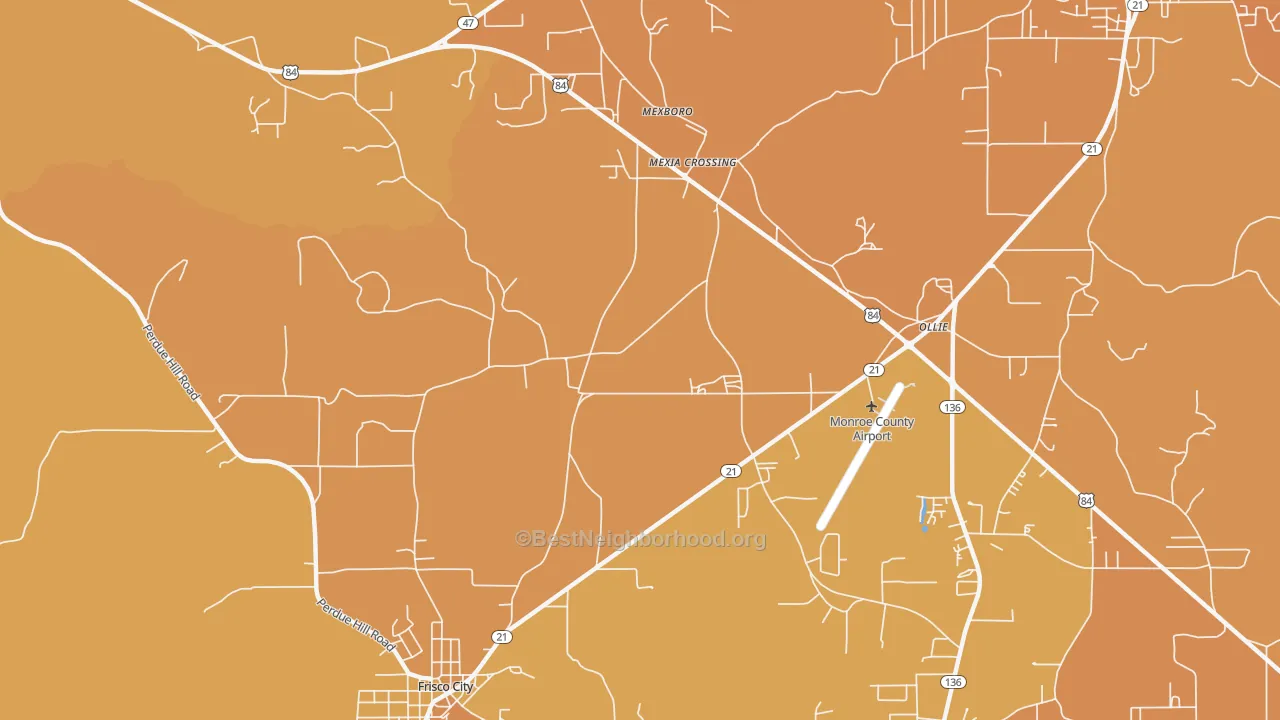 Map of the best neighborhoods in the Mexia Crossing area, with better matches in green and worse matches in red