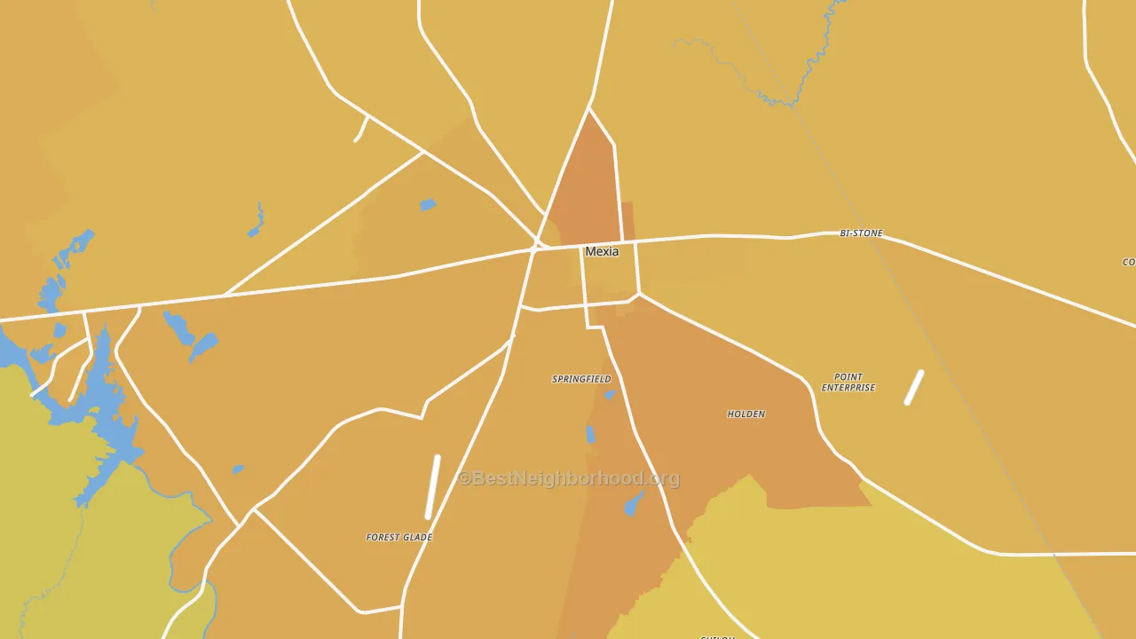 Map of the best neighborhoods in the Mexia area, with better matches in green and worse matches in red