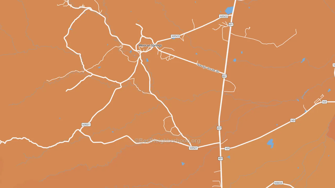 Map of the best neighborhoods in the Mexican Springs area, with better matches in green and worse matches in red