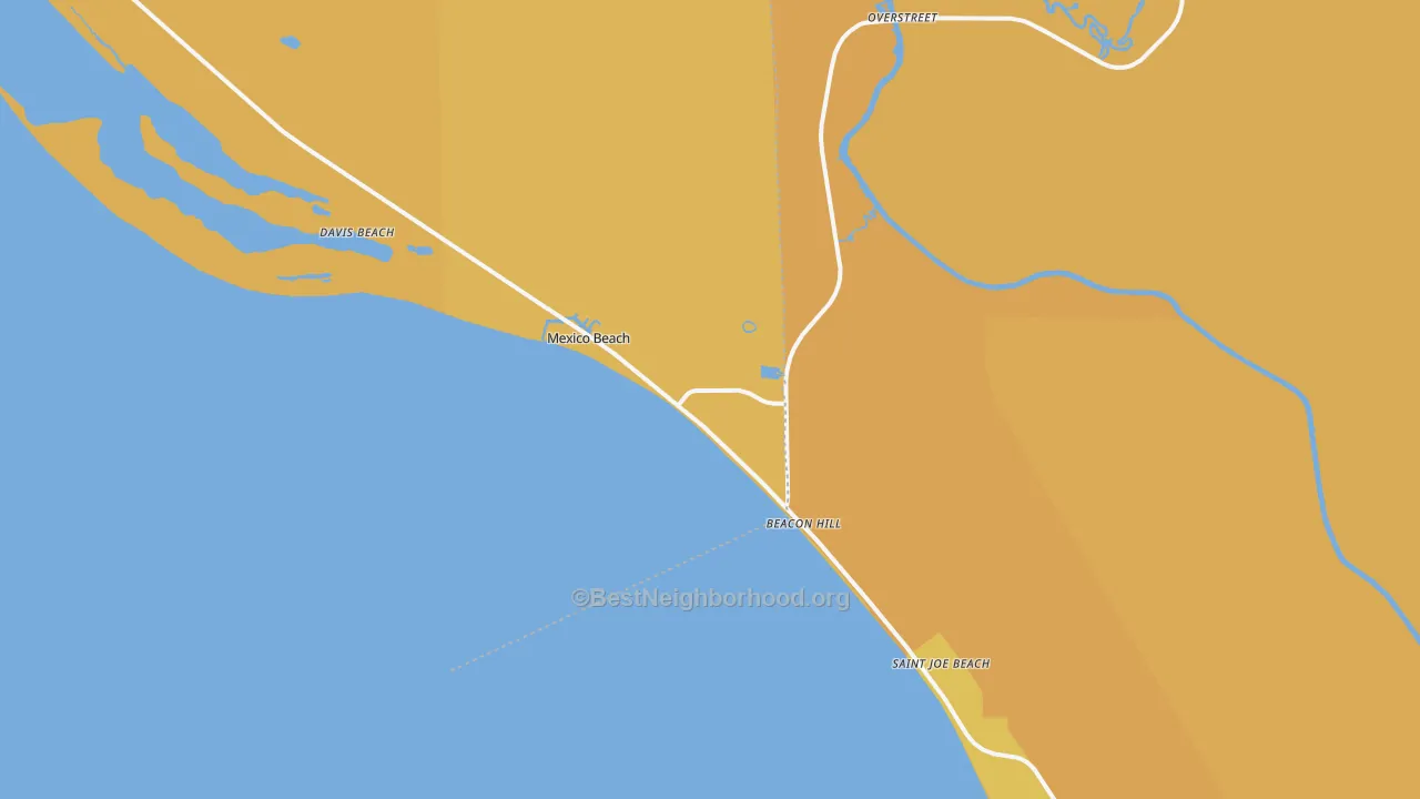 Map of the best neighborhoods in the Mexico Beach area, with better matches in green and worse matches in red